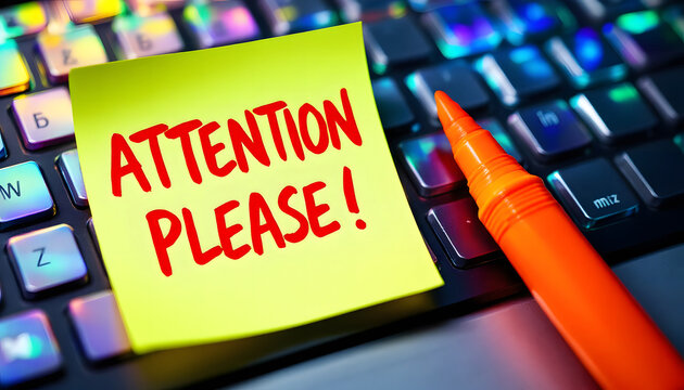 Attention Please, Sticky Note on Keyboard, Important Notice, Urgent Reminder