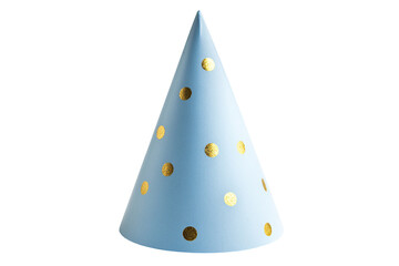Pastel blue paper party hat with golden dots isolated on white or transparent background
