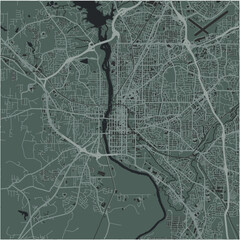 Map of Columbus in Georgia in a smooth dark style. Contains layered vector with roads water, parks, etc.