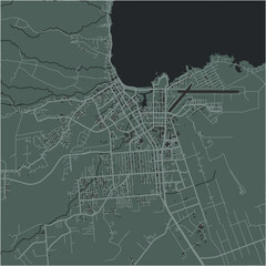 Map of Hilo in Hawaii in a smooth dark style. Contains layered vector with roads water, parks, etc.