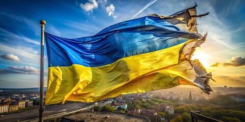 Drone Shot: Ripped Ukrainian Flag Waving in Wind, Patriotism, War, Freedom, Ukraine