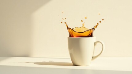 Morning sunlight illuminates a ceramic mug as dark liquid splashes into it, creating a dynamic display of caffeinated refreshment