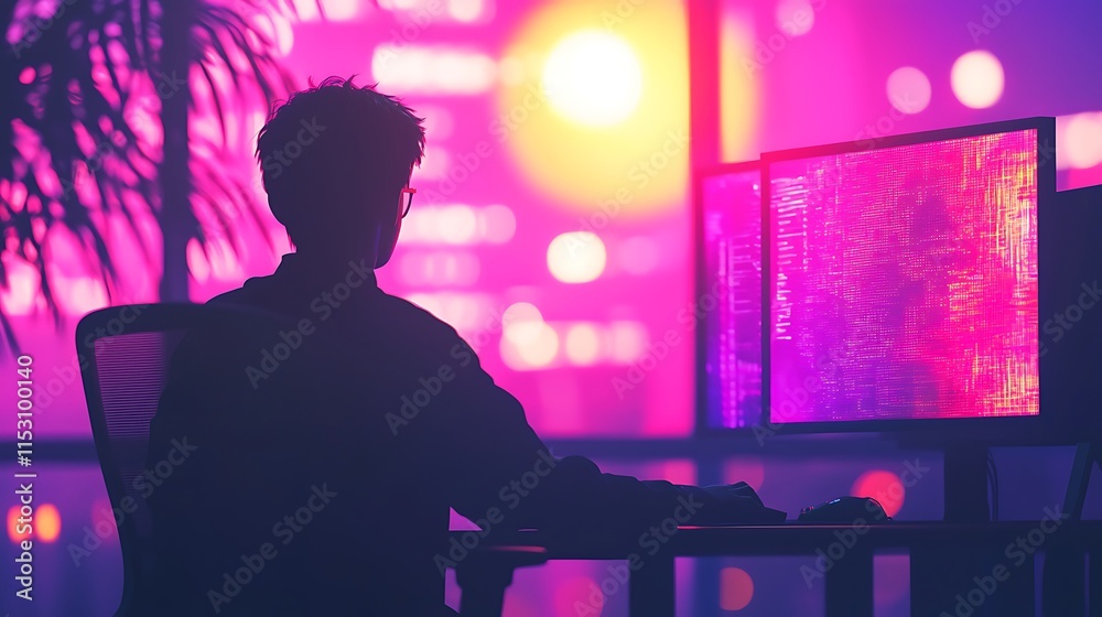 Poster programmer working late night cityscape view