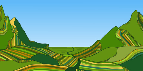 Mountain with Green Hills and Line Art Background. Scenic black and white landscape design for fabric, prints, and wall art. Simple line drawing of one line mountain.