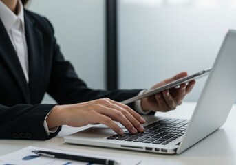 Fototapeta premium Business Professional Multitasking with Laptop and Tablet at Office Desk