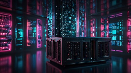 Digital Vault Surrounded By Neon Lights And Binary Code, With Encrypted Files Floating Inside