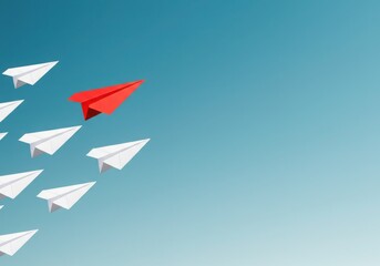Leadership concept, red paper airplane leading white paper airplane s, flying formation