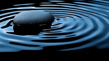 Dark blue water with concentric ripples and a smooth, dark grey stone floating in the center.