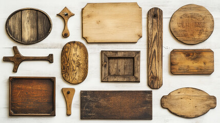 Naklejka premium Old sign boards from light and brown wood, road pointers on pole, hanging oval planks on chain and rope. Wooden signboards isolated on white background, vector cartoon set