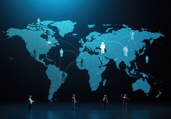 Global network, interconnected figures, world map, glowing nodes, digital connectivity