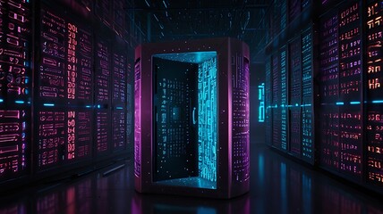 Digital Vault Surrounded By Neon Lights And Binary Code, With Encrypted Files Floating Inside