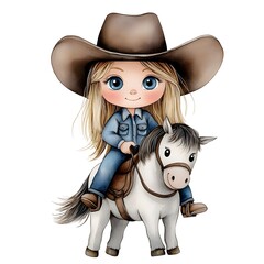 Cute Cartoon Girl in Cowboy Hat Riding a Small Horse Illustration