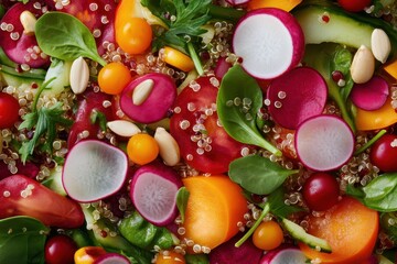 Vibrant health-conscious quinoa salad bursting with fresh vegetables and colorful toppings for a nutritious meal.