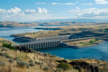 Obraz premium Exploring the Majestic Dam: A Hydroelectric Power Plant's Stunning Landscape with Wind Turbines under a Blue Sky, showcasing Renewable Energy and Impressive Engineering