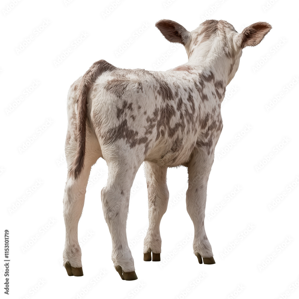 Sticker a realistic image of a calf standing with its back to the viewer, showcasing detailed fur texture an