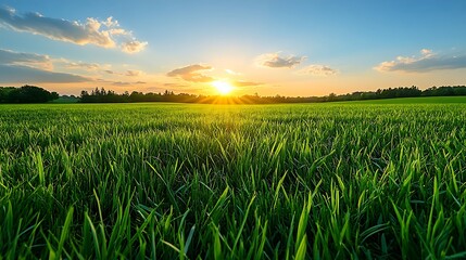 Sunset over Green Field Landscape