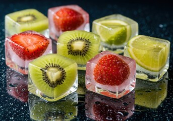 A background of various tropical fruits and ice cubes arranged. The ice cubes are transparent and blue in color and are scattered around the fruits and arranged in a pyramid shape.