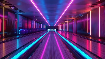 Neon-lit bowling alley with vibrant pink and blue lighting, showcasing sleek design.