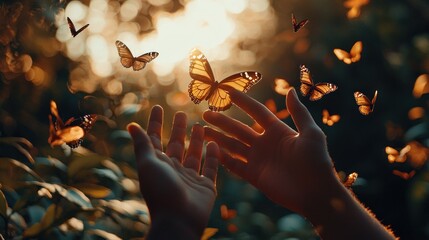 Gentle Hands, Golden Butterflies: A Serene Embrace of Nature's Beauty