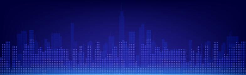 Abstract tech city skyline composed of digital pixels and squares in deep blue gradient shades. Metropolitan silhouette with skyscrapers and modern buildings for technology presentation background. © klyaksun