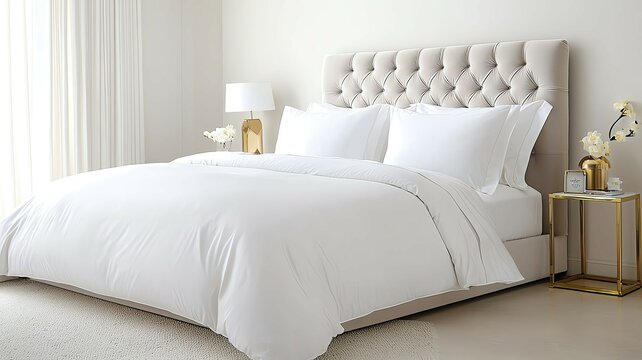 Premium Bedroom Styling Cozy white bed with elegant decor.