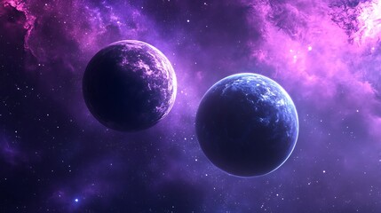 Stunning Digital Painting: Two Planets Orbiting in a Vibrant Purple Nebula. AI Generated