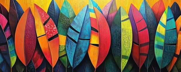 Abstract depiction of tropical leaves with vibrant patterns and bold colors, tropical art, modern design inspiration