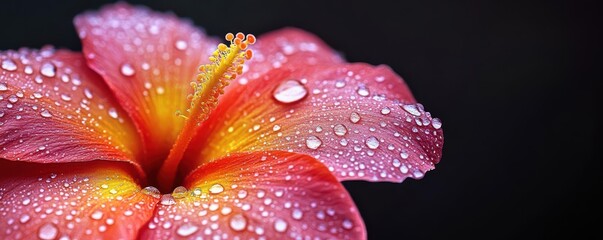 Fototapeta premium Close-up of a tropical flower with dewdrops, emphasizing vivid colors and intricate details, tropical bloom, delicate natural beauty