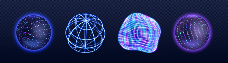 3d neon tech sphere collection with glowing effects - futuristic dotted orb, geometric wireframe globe, distorted grid shape and luminous digital ball. elements for sci-fi and modern cyberpunk design.