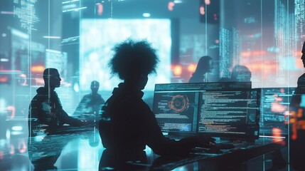 Female developer, woman collaborating in a team on futuristic technology projects, digital screens displaying holograms and coding. The innovation, technological advancements, tech business