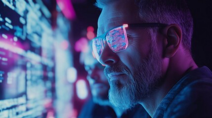 A diverse team of developers, man collaborating on futuristic technology projects, digital screens displaying holograms and coding. The innovation, teamwork, technological advancements, tech business