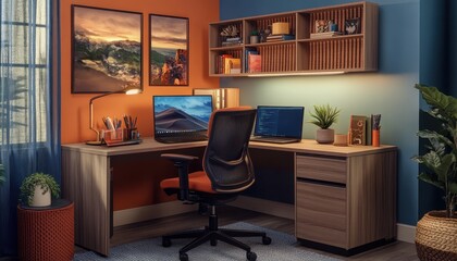 Fototapeta premium Modern Home Office Setup with Ergonomic Chair and Dual Monitors, Featuring Warm Lighting and Nature-Inspired Decor