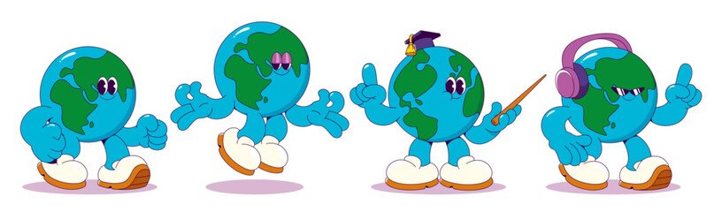 Groovy earth characters set isolated on white background. Contemporary vector cartoon illustration of y2k globes with smiling faces walking, jumping, wearing earphones and academic hat, school mascots