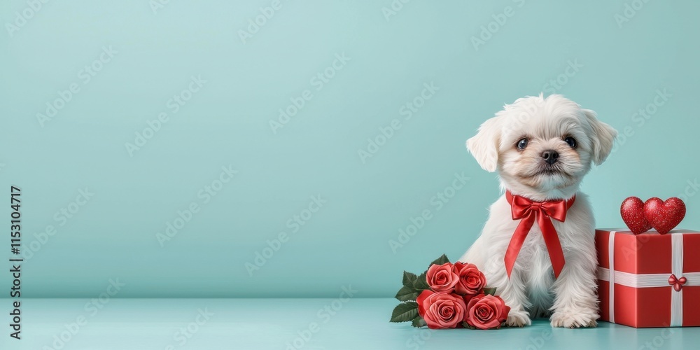 Sticker Valentine’s Day Gift Concept with Dog and Roses. Cute puppy with roses and gifts on a teal background