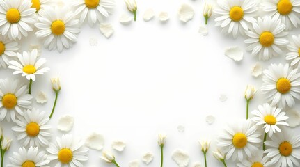 Obraz premium Banner of daisy petals and flowers on white background