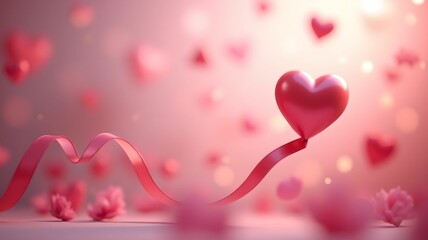 Romantic scene with floating pink hearts and ribbon conveying love and affection against a dreamy blurred backdrop