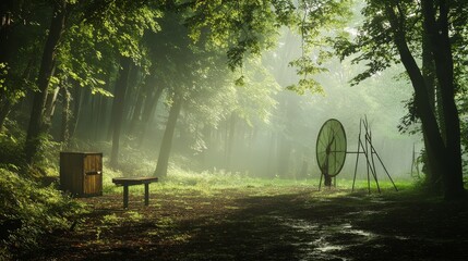 A serene archery range in a misty forest clearing, Archery equipment set amidst morning mist, Misty woodland style