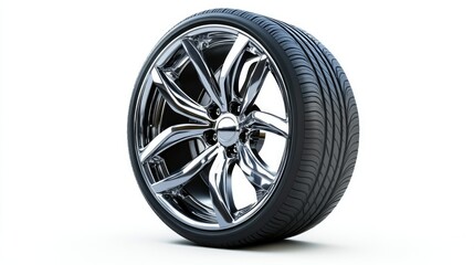 Fototapeta premium A minimalist layout of a single tire with a glossy metallic rim, isolated for maximum visual impact.