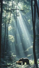A serene forest scene with sunlight streaming through trees, illuminating the lush greenery.