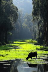 Fototapeta premium A serene landscape featuring a cow grazing by a tranquil, green river surrounded by trees.
