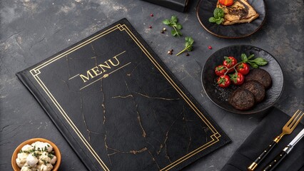 Elegant Black Restaurant Menu Design with Grunge Texture and Premium Frame - Drone Aerial Photography