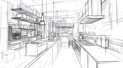 Fototapeta premium Detailed Hand-Drawn Sketch: Modern Bar Interior Design Concept. AI Generated
