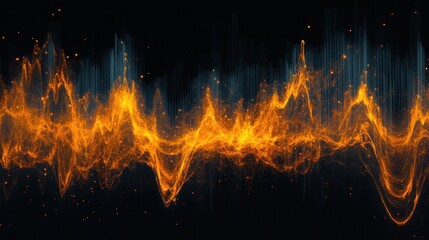 A dramatic visualization of sound waves as fire, with bright orange and yellow flames curving dynamically across a pitch-black setting.