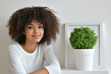 Small Indoor Plant in White Pot Beside Empty Frame on Modern Light-Toned Shelf
