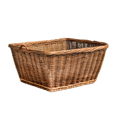 A handwoven basket with a rounded shape and a sturdy handle, crafted from natural materials. Perfect for rustic decor, storage, or spring-themed designs.