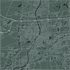 Map of Aurora in Illinois in a smooth dark style. Contains layered vector with roads water, parks, etc.