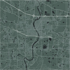 Map of Elgin in Illinois in a smooth dark style. Contains layered vector with roads water, parks, etc.