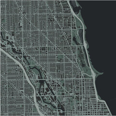 Map of Lincoln Park in Illinois in a smooth dark style. Contains layered vector with roads water, parks, etc.