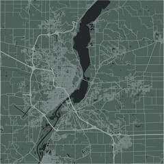 Map of Peoria in Illinois in a smooth dark style. Contains layered vector with roads water, parks, etc.
