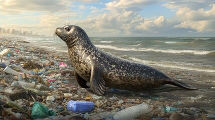 A seal hauling itself onto a garbage-covered shore, with plastic and microplastic particles scattered throughout the sand.